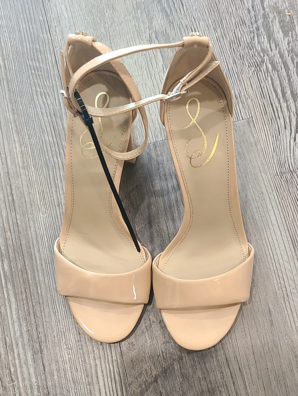 Sam Edelman Robyn  Beige Patent Ankle-Strap Block Heels